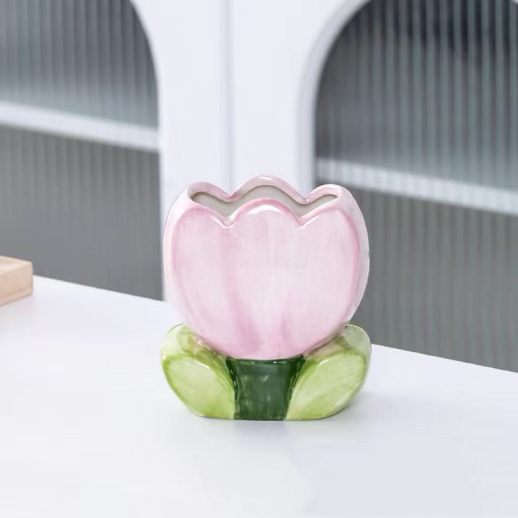 Creative Tulip Flower Ceramic Vase, Modern Minimalist Flower Arrangement Pot for Home Living Room Office Decor, Birthday Gift