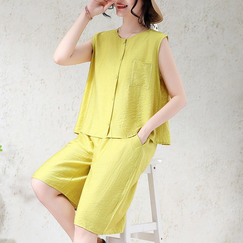 Ensemble 2 pièces pour femme grande taille en mélange de lin, Haut sans manches à boutons et Short large (XL-7XL)