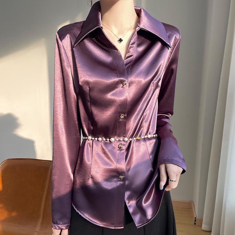 

Элегантная женская блузка из золотистого атласа Осень/Зима 2025 M (50-55 kg) фиолетовый