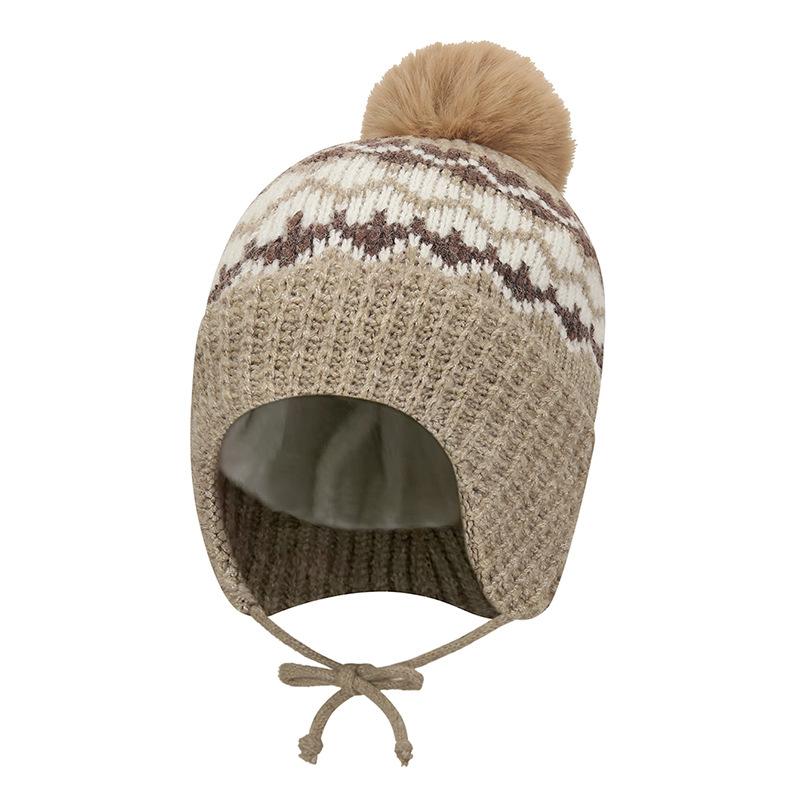 

Women s Autumn Winter Velvet Warm Ear Protection Tie-Up Wool Cap with Big Fur Ball Knitted Hat хаки