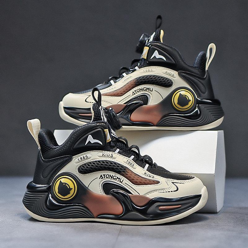 Children's Shoes Autumn New Breathable Leather Sneakers Medium and Large Boys Boys Rotating Buckle Soft Sole Non-slip Basketball Shoes