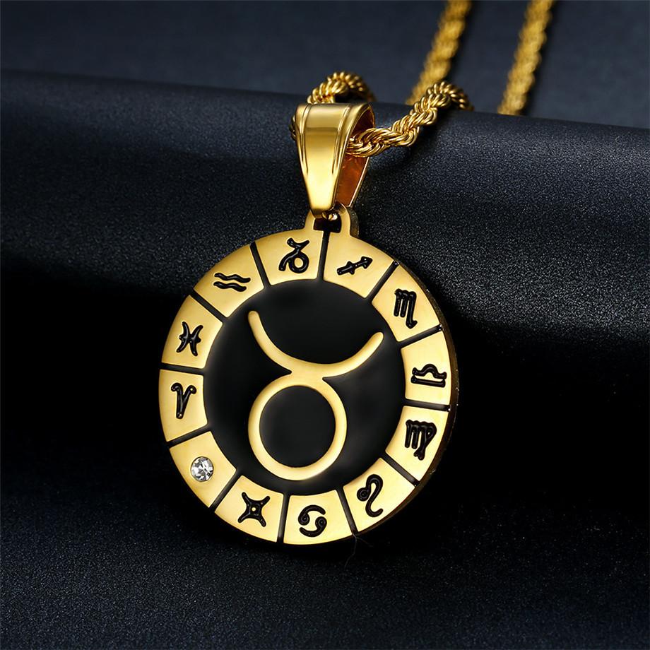 Punk Zodiac Sign Constellations Pendant Gold Color Stainless Steel Rope Chain Round Necklace For Women Men Jewelry Gift