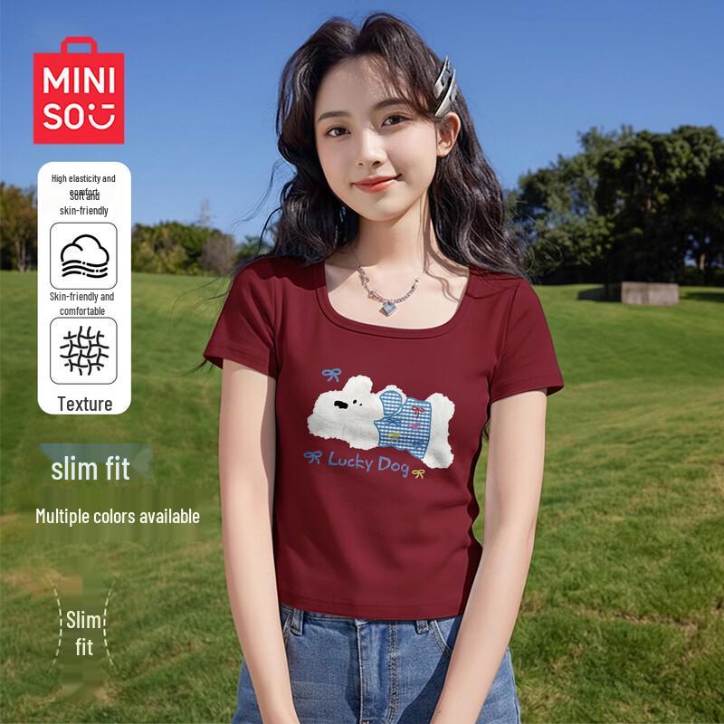 MINISO Women s Square Neck Slim Fit Short Sleeve T-Shirt L