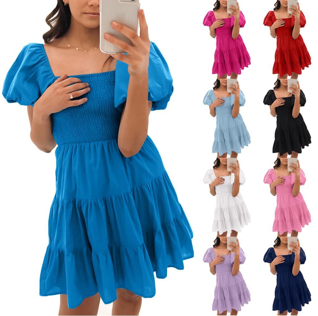 Women's Bubble Sleeve Pleated Patchwork A-line Large Hem Dress