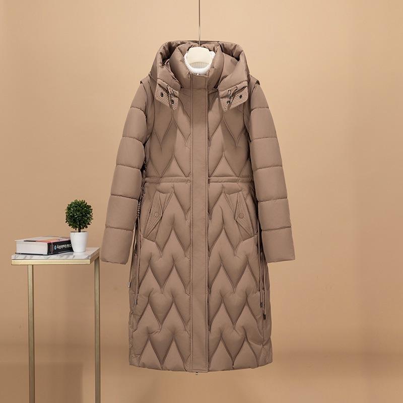 Europe beautiful woman autumn and winter light and thin long knee slim cotton clothes can be removed sleeves two wear hooded casual commuter jacket