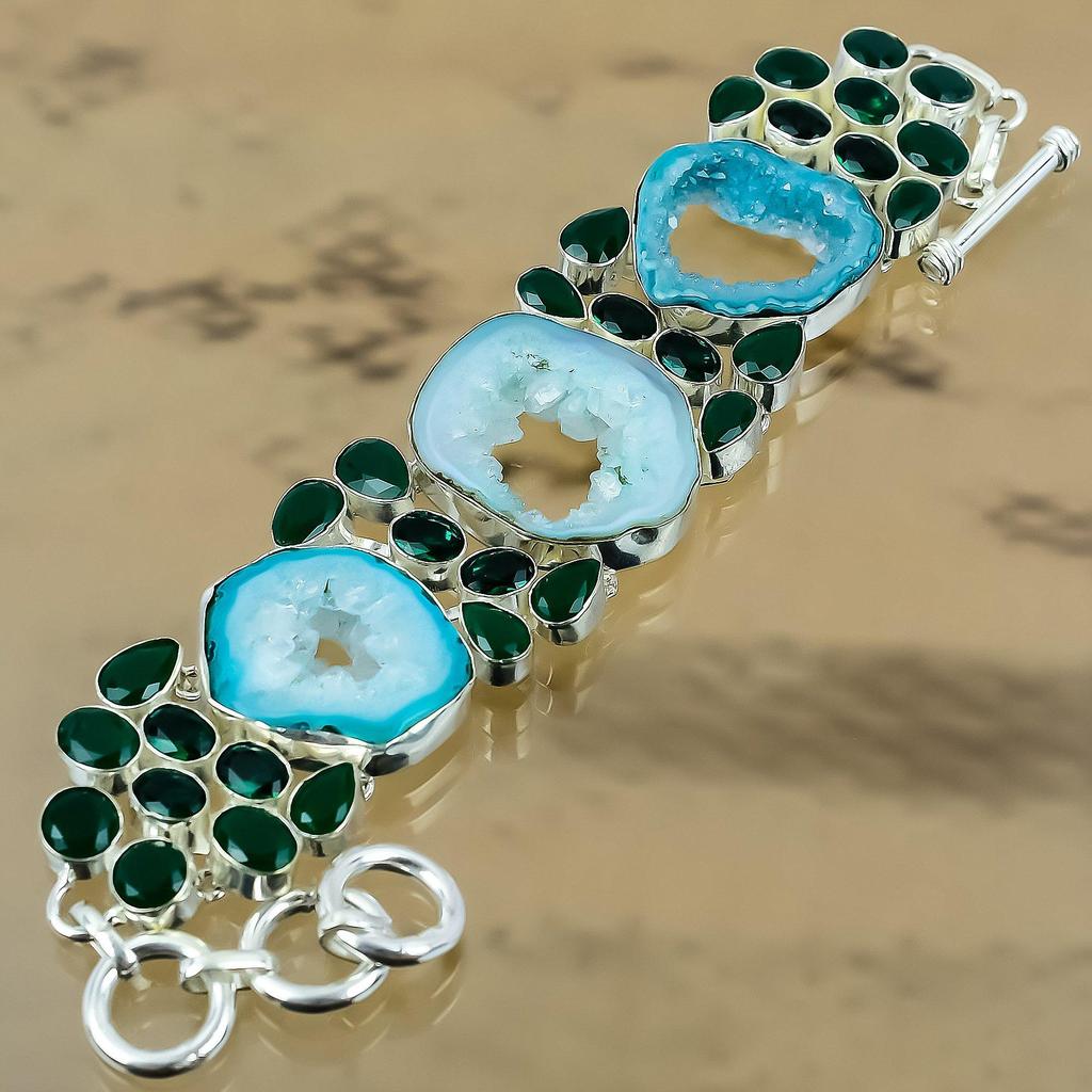 925 Silber Natürliches Grünes Fenster Botswana Achat Druzy Kette Verstellbares Armband