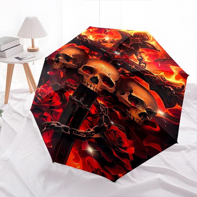 Skulls, Flames- Automatic umbrella, Four Seasons Portable Folding Umbrella, Suitable for Men and Women, Travel, Daily Compact Umbrella, Outd