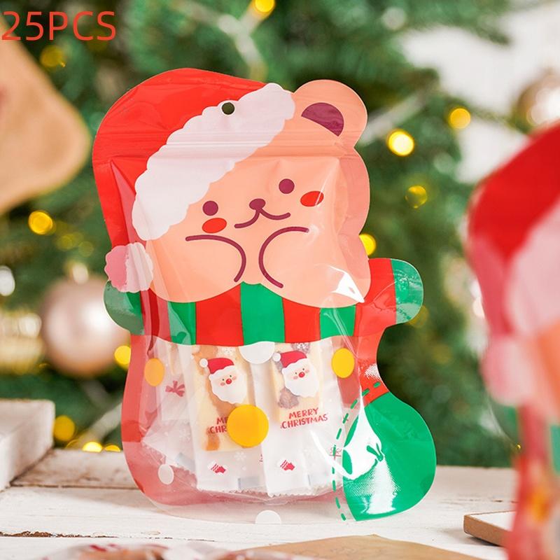 25Pcs/Pack Christmas Gift Bags Set with Santa Elk Snowflake Pattern Thickened Non-Woven Waterproof Tote Bags for Kids Holiday Party