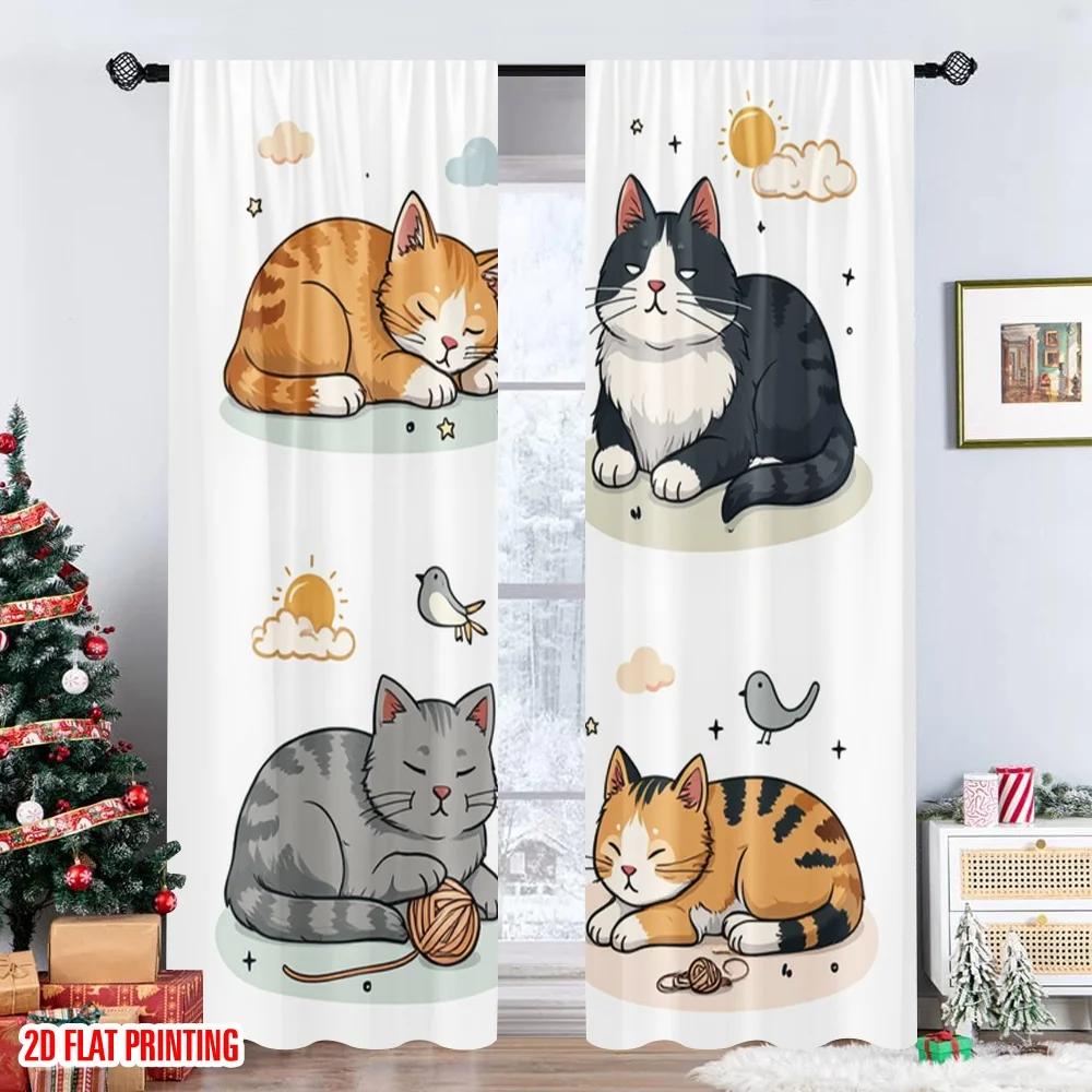 Set Of 2 Flat Printing Curtain Cute Cat Illustration Digital Printed Polyester Drapes All Season Party Holiday Decor