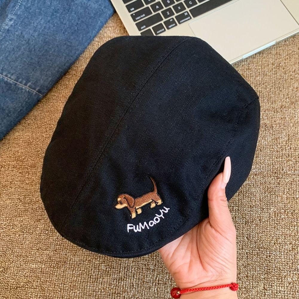 Japanese Style Cartoon Forward Hat Short Brim Painter Hat Puppy Embroidery Berets Cap Outdoor