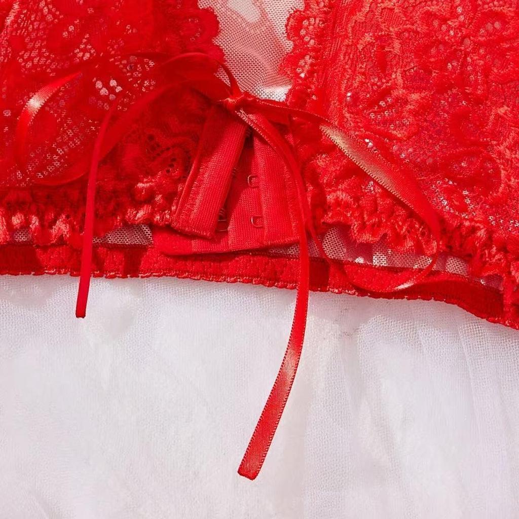Love Heart Lace Lingerie Set: Transparent Bra, Short Skirt & Thong with Thin Straps - Sexy & Fun 3-Piece Pajamas.