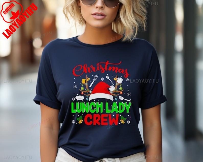 Lunch Lady Christmas Hat Crew Cafeteria Worker Gift School Staff Fashion Funny Printed Tshirt Tops Regular High Quality Cotton