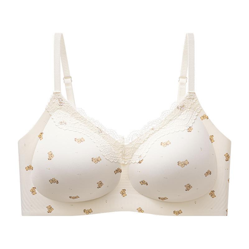 Back buckle lace floral seamless underwear women s small breasts gather and close secondary breasts, anti-sagging, comfortable and soft support M（ 40-50kg ）