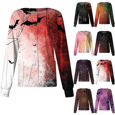 Damski swobodny długi rękaw jednorzędowy Halloween nadrukowany kardigan ubrania top ubrania mundury