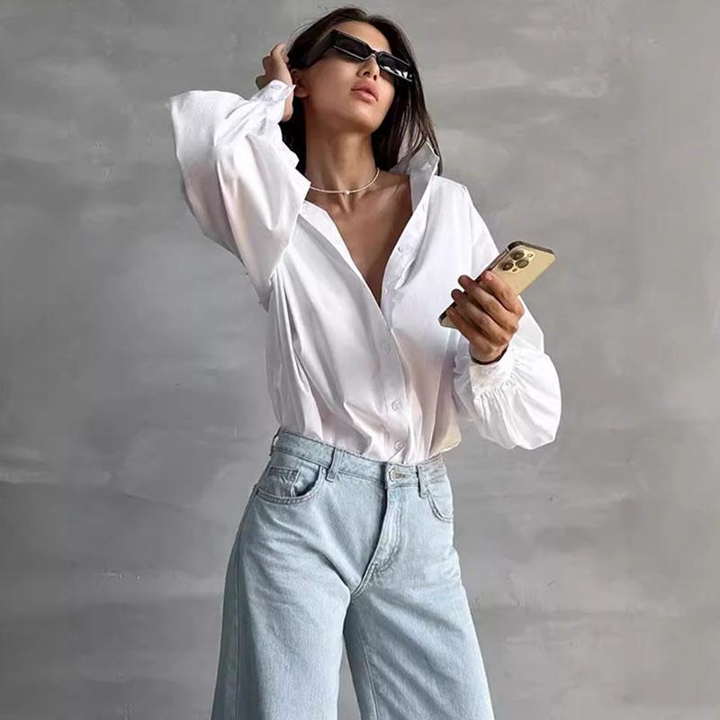 

Женская повседневная классическая рубашка с рукавами-фонариками, с круглым вырезом, однотонная свободная базовая блузка весна-лето, однобортные топы L белый