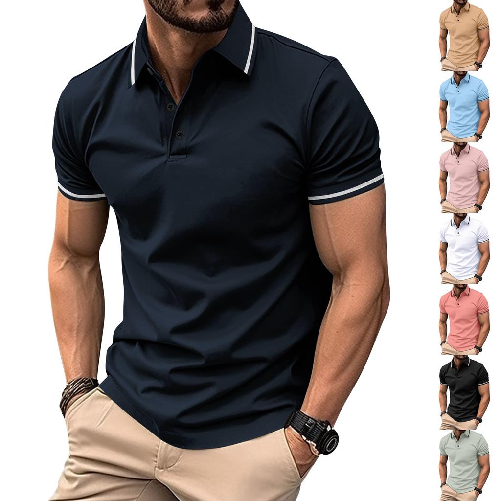 Men's Button Ribbed Collar Polo Shirt Short Sleeve Athletic Fit Casual Lightweight Breathable Fabric Summer Top