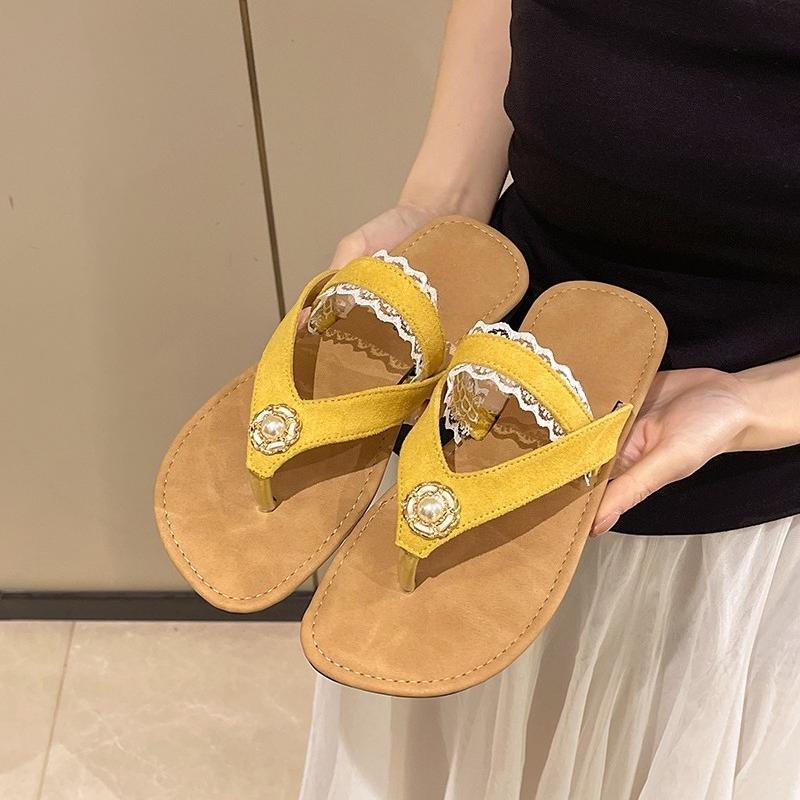 

Fashion Retro explosive flat flip-flops women s summer wear new round head clip toe soft bottom non-slip cool mopping 40 жёлтый