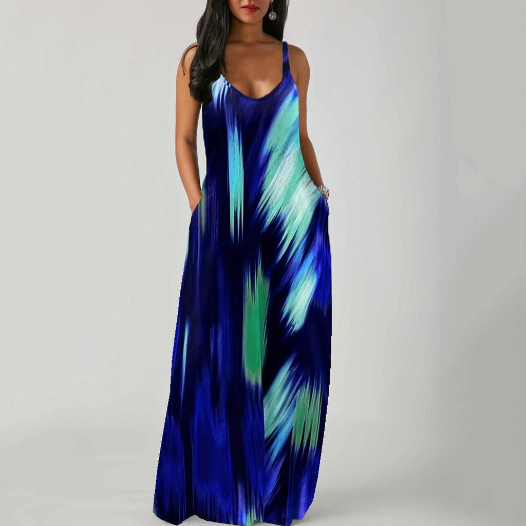 JKASHDK Women's Fashion Summer Spring Colour Block Print Sleeveless V-Neck Loose Waistline Casual Dresses