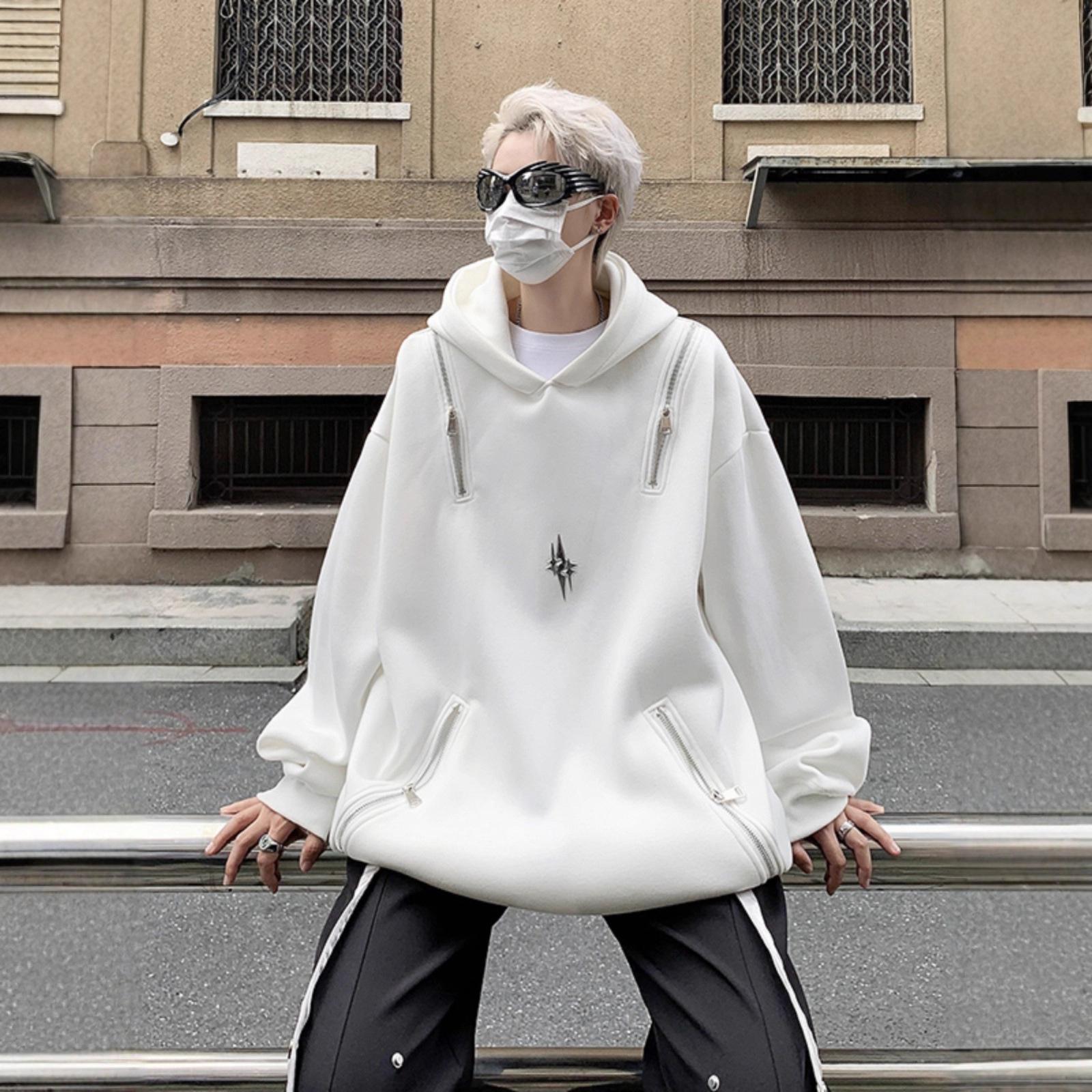 Sweater Mens Metal Zipper Shoulder Pad Coat Cold Hoodie M белый