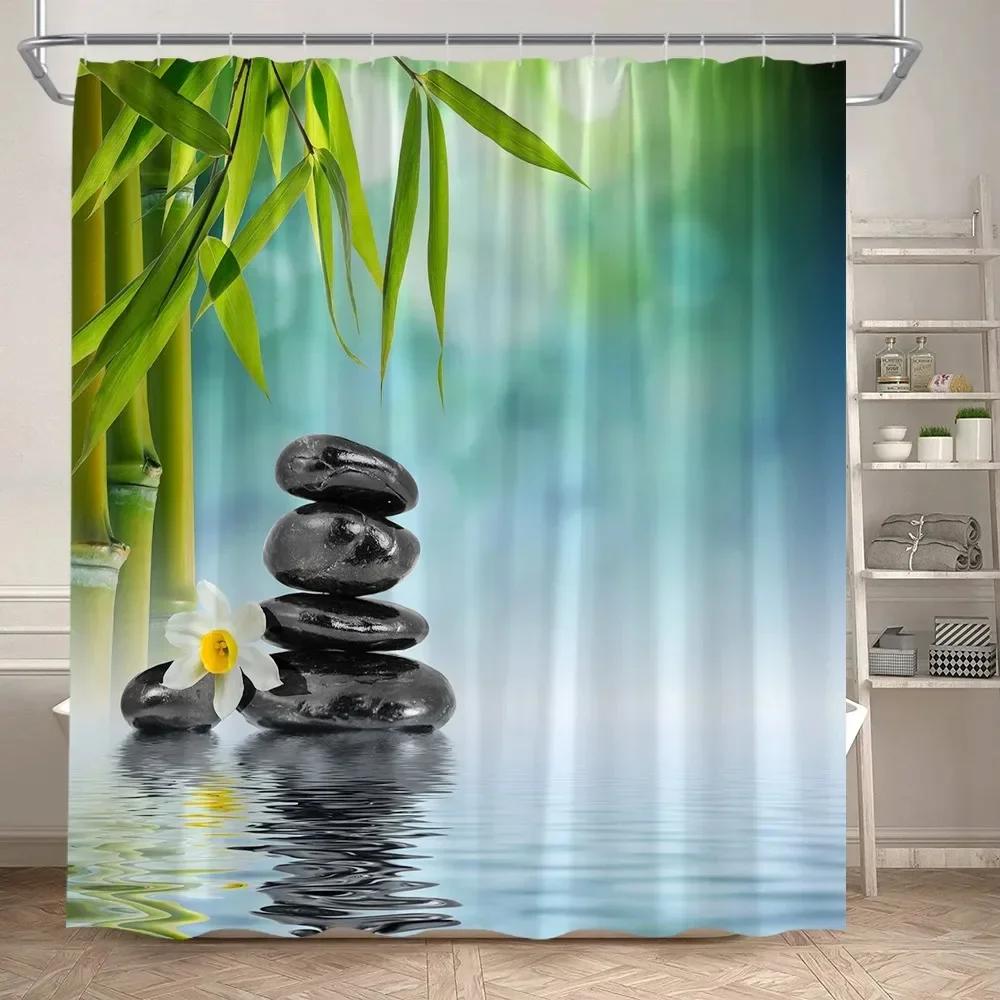 Zen Green Bamboo Shower Curtains Purple Orchid Butterfly Flowers Plants Black Stone Spa Nature Scenery Fabric Bathroom Decor Set