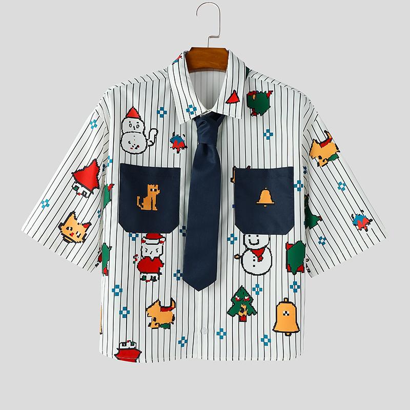 

INCERUN Men Tie Lapel Neck Short Sleeve Button Down Cartoon Print Casual Shirts Tops