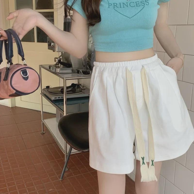 Women's High-Waist Elastic Sports Shorts - Summer 2024 Korean Style Wide-Leg Casual Pants