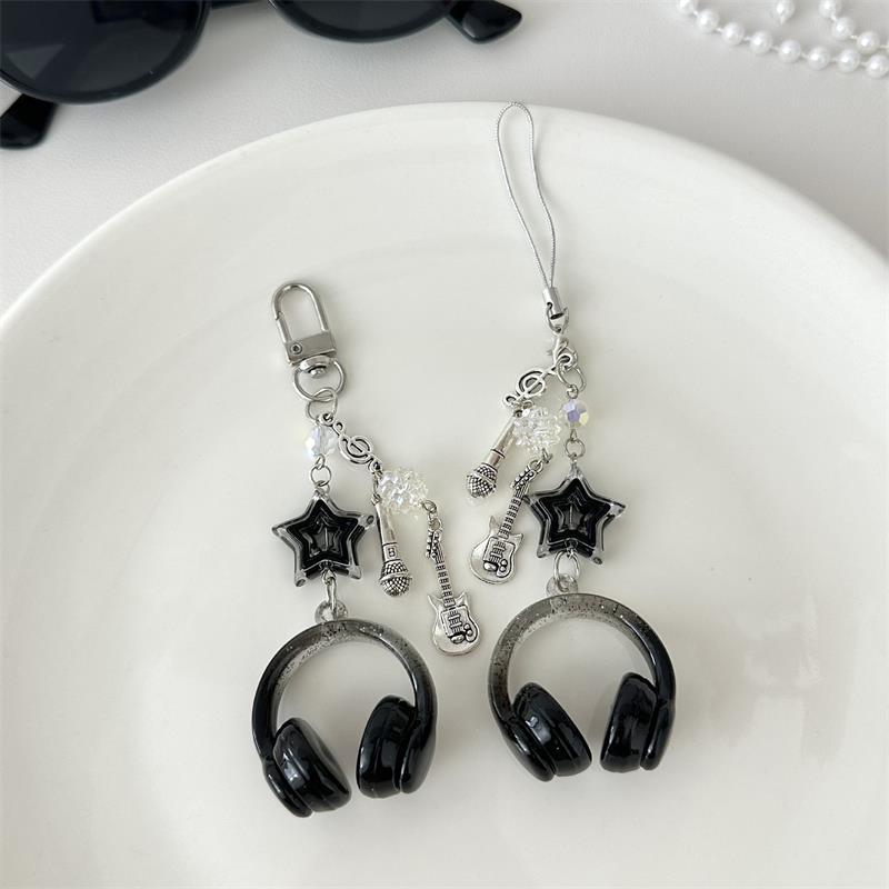 Cute Glitter Earphone-Shaped Keychain Star Guitar Microphone Pendant Phone Chain Lanyard Girly Backpack Charms Bag Hanging Gifts