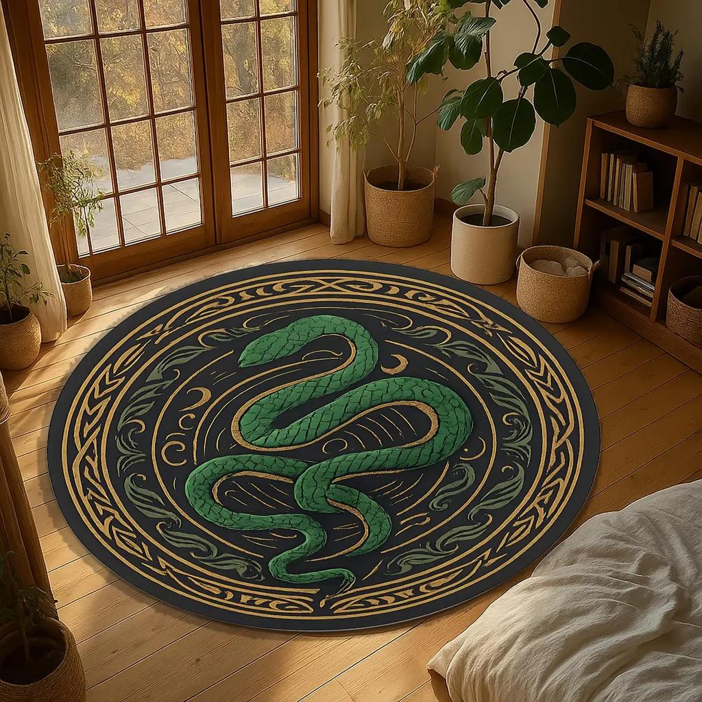 Serpent Witchcore Rug Occult Crescent Symbols, Round Pagan Carpet for Ritual Space or Dark Boho Decor, Spiritual Snake Mat