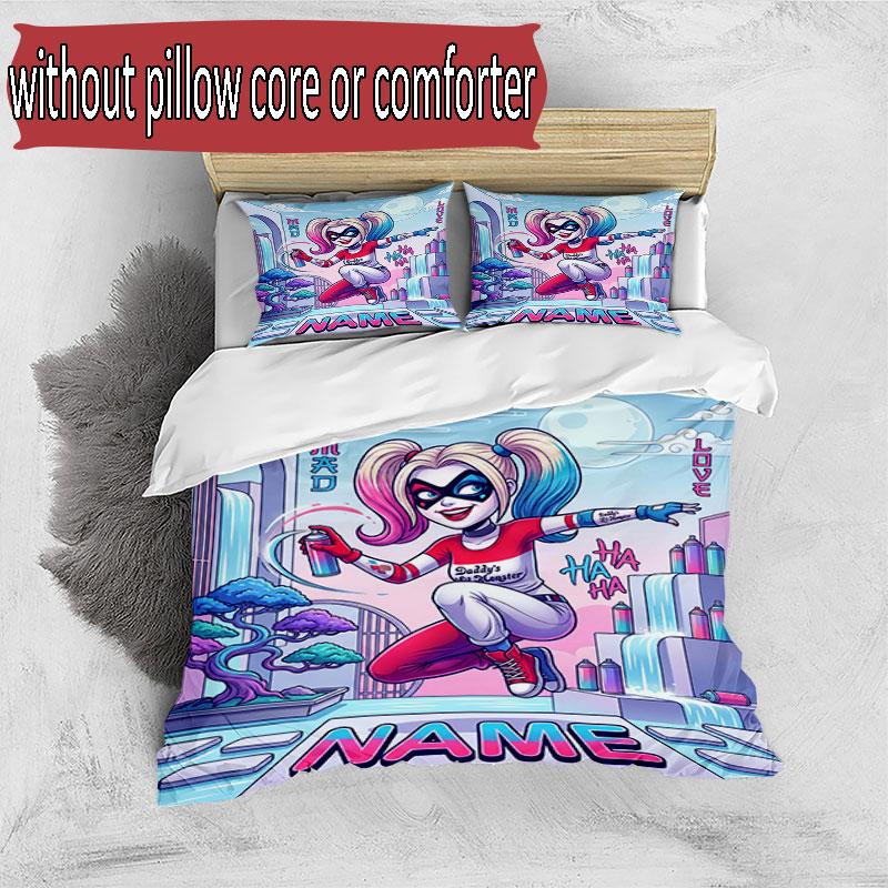 3pcs Duvet Cover Set (1*Duvet Cover + 2*Pillowcase, Without Core), Custom Name Harley Quinn Pattern Bedding Set, Home Bedroom Decor Gift