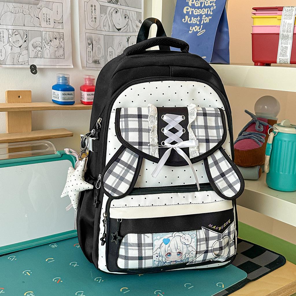 Mochila japonesa de dos dimensiones transparente bolsa para el dolor de alto valor estilo ins universitario a cuadros mochila para estudiante de secundaria con múltiples compartimentos