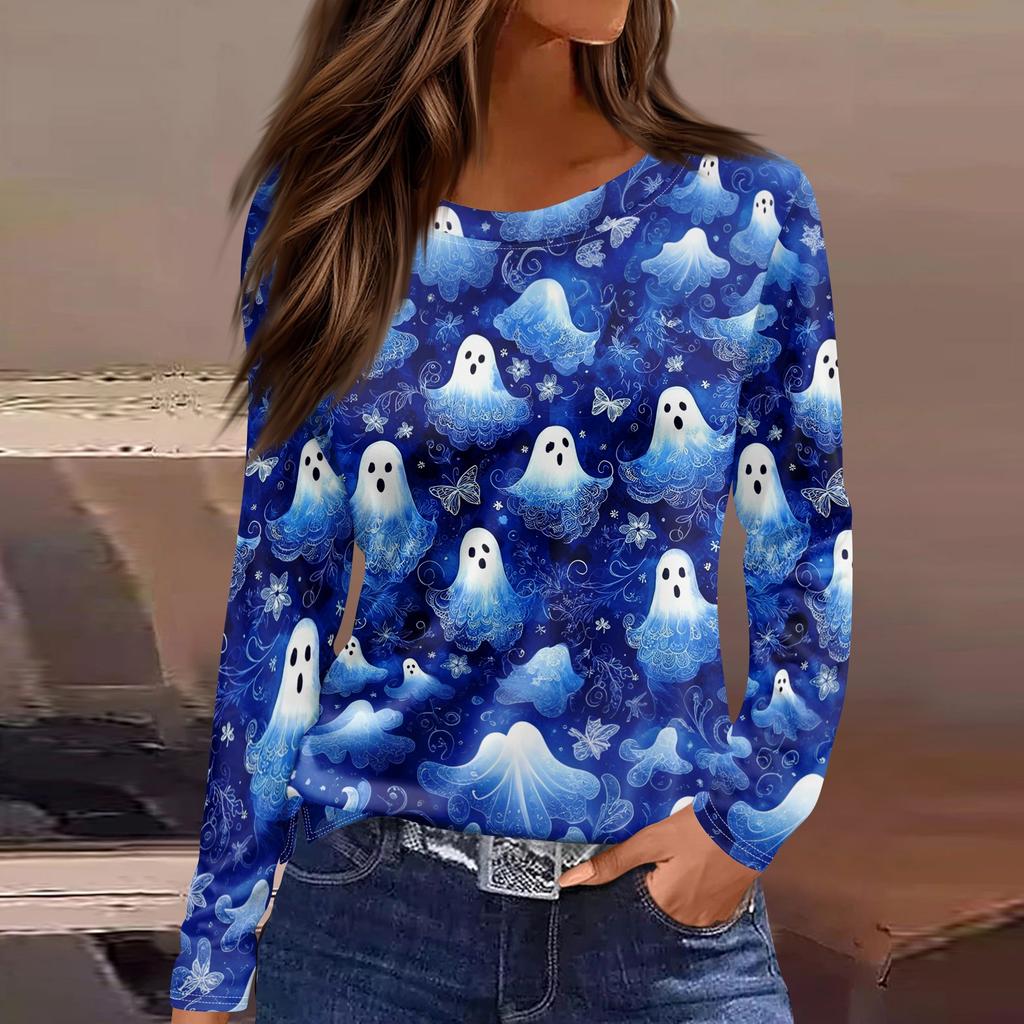 Women's Fashion Long Sleeve Neck Top with Hem Slit Halloween Print for Party