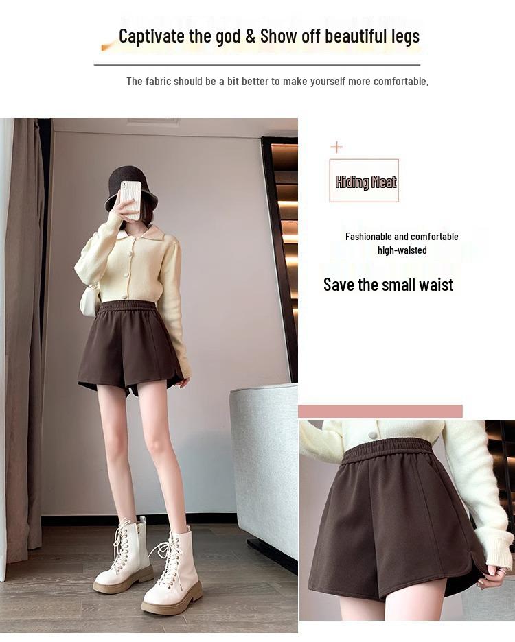 Women's Black High-Waist Woolen A-Line Wide-Leg Shorts - Autumn/Winter Casual Wear