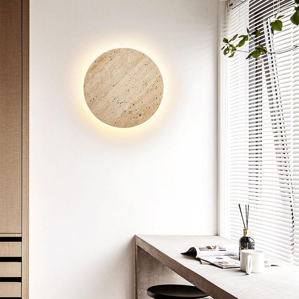 Modern Round Travertine Wall Sconce, Natural Stone Wall Light Fixture, LED Wall Lamp with Warm White Glow, Indoor Wall Lighting for Bedroom, Living