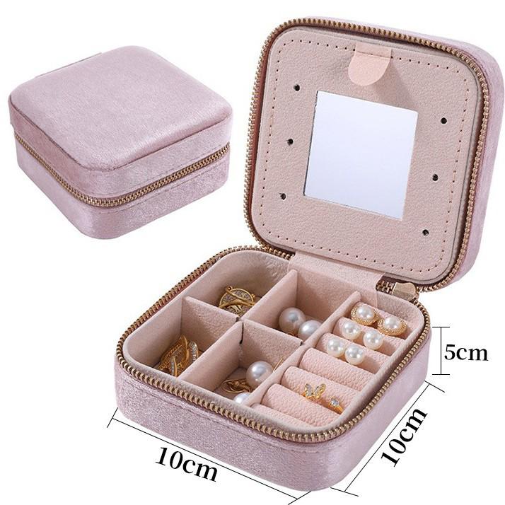 Portable Double-Layer Velvet Jewelry Box with Mirror and Zipper for Earrings and Rings