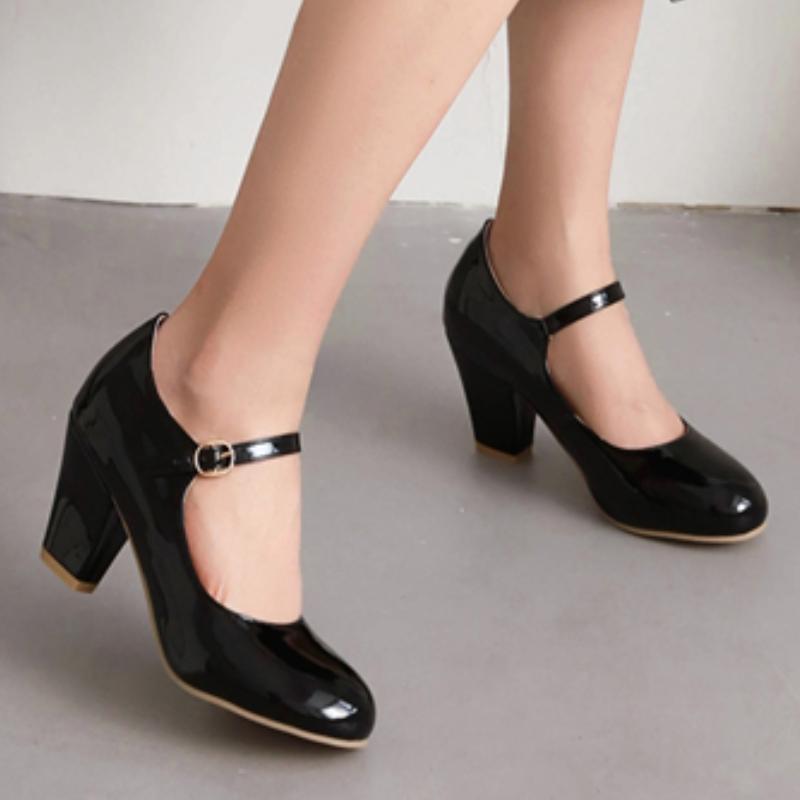 Women's Block High Heels Pumps Big Size 45 Lolita Mary Jane Shoes Elegant Black Red Pink Blue Heeled Office Wedding Shoes Ladies