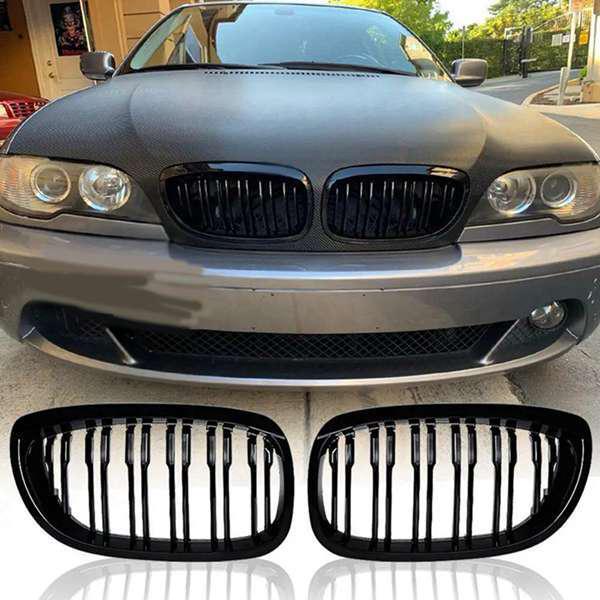 E4 Matte Black Double Stripe Grille, 1 Pair for 2003-2006 BMW 3 Series (Parts: 51137064317, 51137064318)