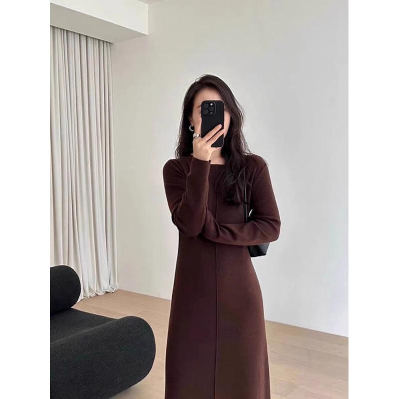 Light and Ripe Coffee Color Round Neck Knitted Dress Women's New Autumn Design Niche Skirt