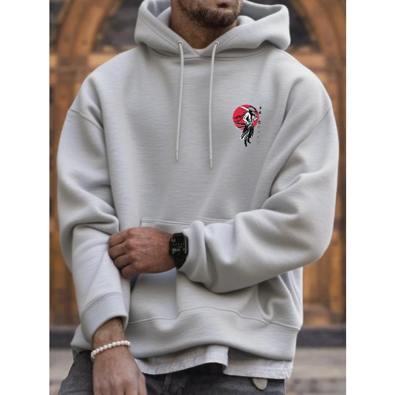Men Fall Winter Y2K Oriental Hoodie Vintage Ink Ronin Warrior Katana Vertical Kanji Graphic Soft Fleece Hooded Sweatshirt