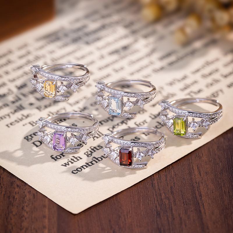 Retro High-end S925 Sterling Silver Ring Natural Topaz Crystal Personality European Style Women Band