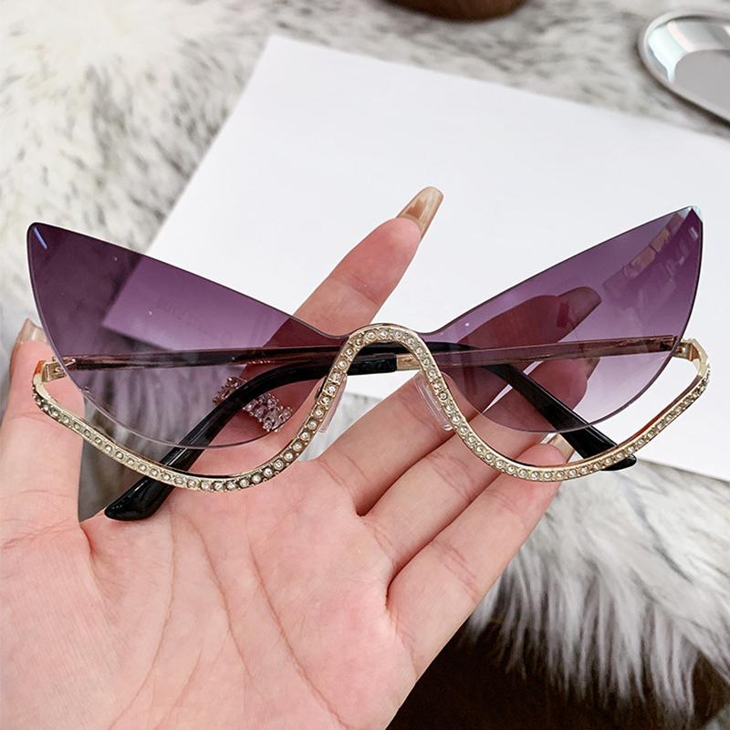 Unique Rimless Cat Eye Sunglasses for Women Fashion Brand Diamond Butterfly Sun Glasses Ladies Trendy Luxury Oversized Shades