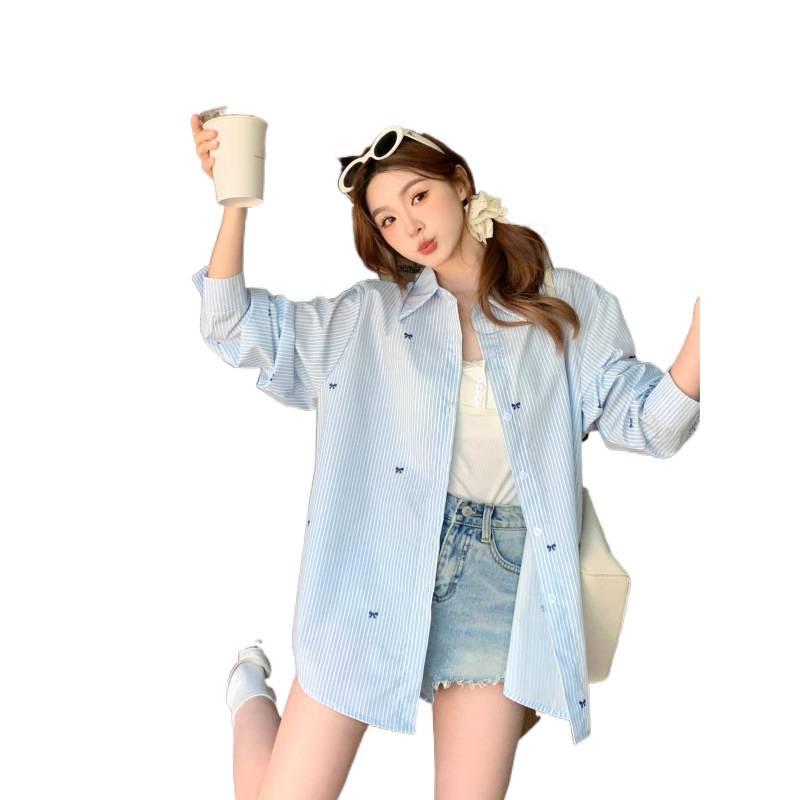 2026 Women's Blue & White Striped Long Sleeve Bow Shirt - Stylish Mid-Length, Sun Protection, Perfect for Early Autumn