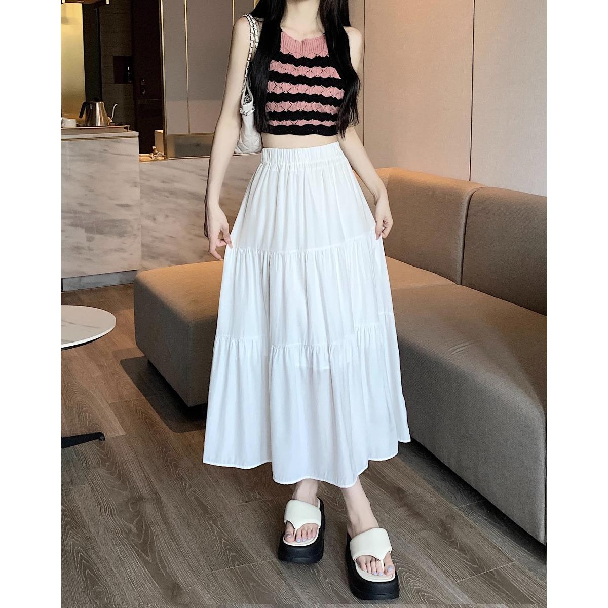 Women s Elastic Waist High Waist Tiered Maxi Skirt A-Line Casual Long Skirt S белый