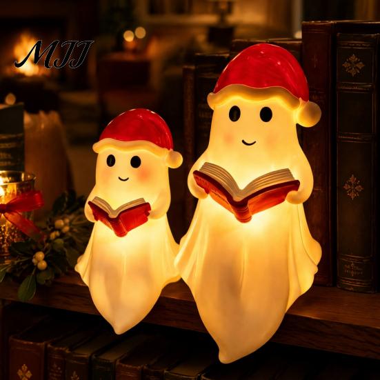 Creative Holiday Gift Ideas Cute Ghost Reading Book Lamp, Christmas Resin Figurine with Santa Hat, Desktop Ornament for Warm Lighted Halloween