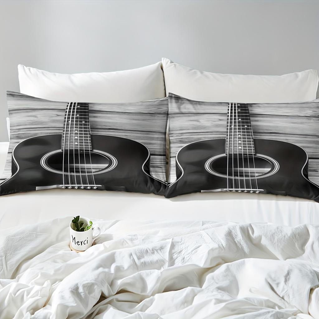 Erosebridal Guitar Duvet Cover Music Theme Bedding, Vintage Guitar On Wooden Floor Comforter Quilt Cover Modern Decoration Retro