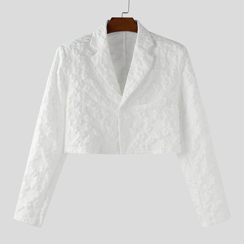 INCERUN Men Lapel Neck Long Sleeve One Button Flowers Texture Cropped Blazer Coats