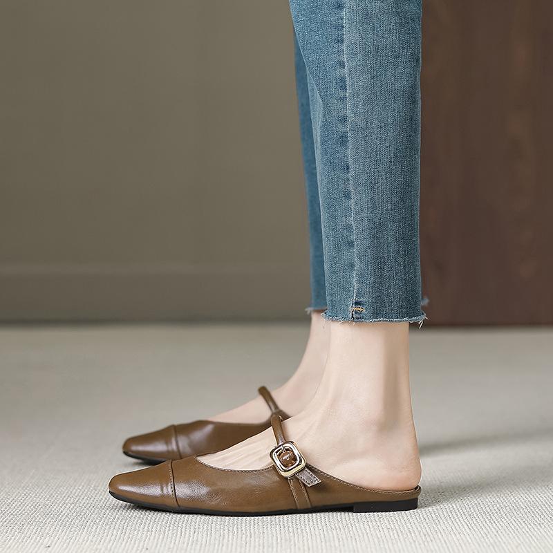 Bag Half-head Slippers 2025 New Summer Wear Sandals Soft Leather Muller Shoes Low-heeled Single Shoes Women's W727-12