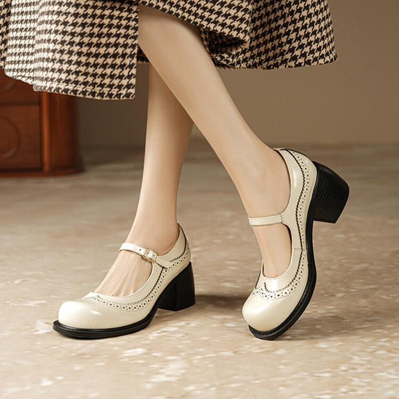 Fashion NEW Spring Women Pumps Genuine Leather Shoes for Women Round Toe Chunky Heel Shoes Retro Mary Janes Carving College Girl Shoes