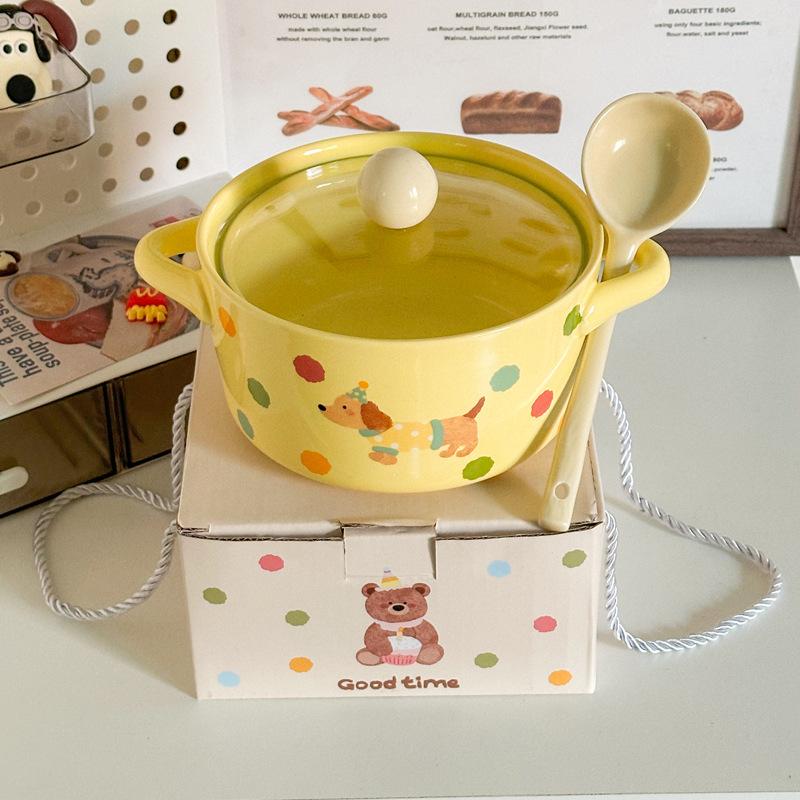 Cute Polka Dot Binaural Instant Noodle Bowl with Cover Student Dormitory Large Capacity Instant Noodle Bowl Personal Special Snail Powder Bowl