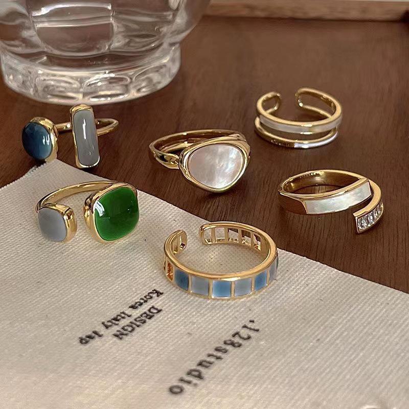 Vintage Enamel Oil Open Gold Rings Checkerboard Finger Ring Accessories Jewelry Gift