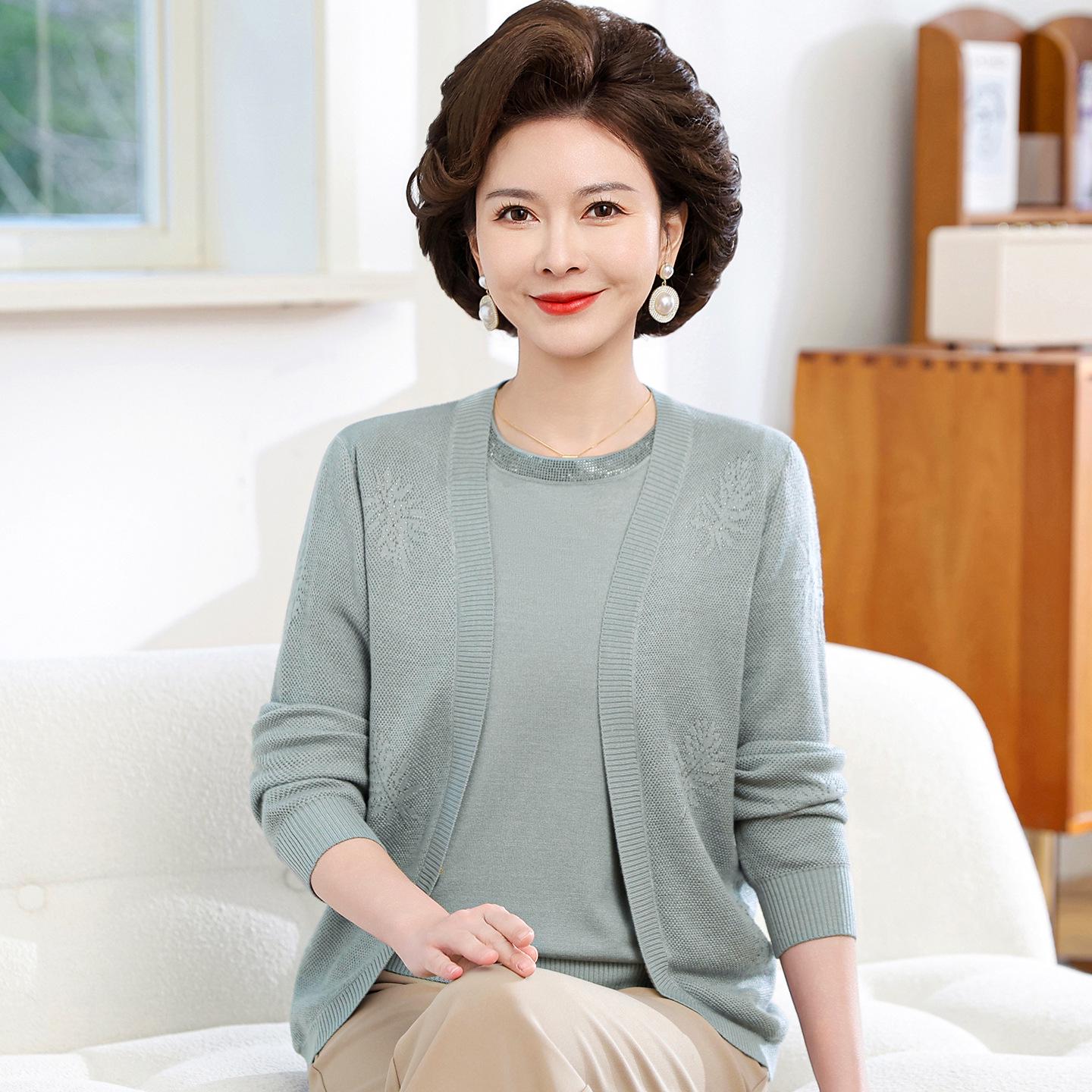 

Mom s Spring Knit Cardigan & Short Sleeve Top Set - Round Neck 2-Piece for Spring/Summer XL (Recommended for up to 115 pounds)